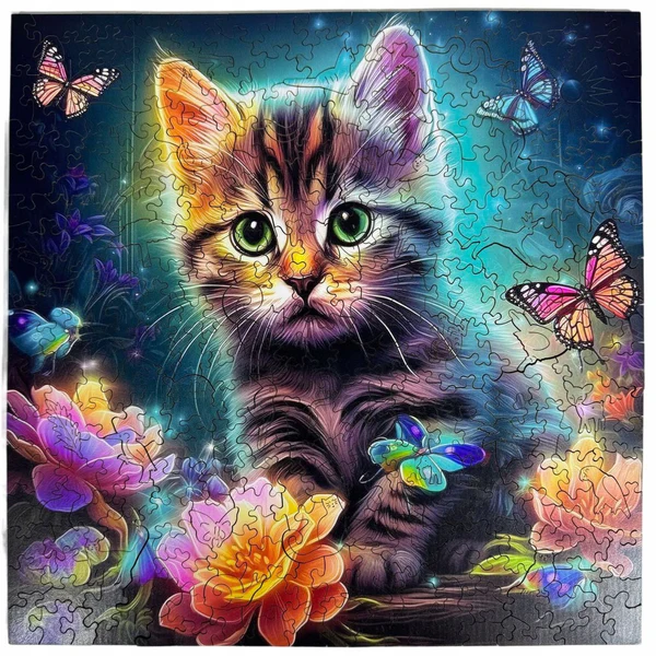 Drewniane puzzle Słodki Kot Värvikas PW030e – ukończony obraz 30×30 cm: kotek z zielonymi oczami wśród kolorowych kwiatów i motyli na błękitnym tle, styl Neural Network Paintings
