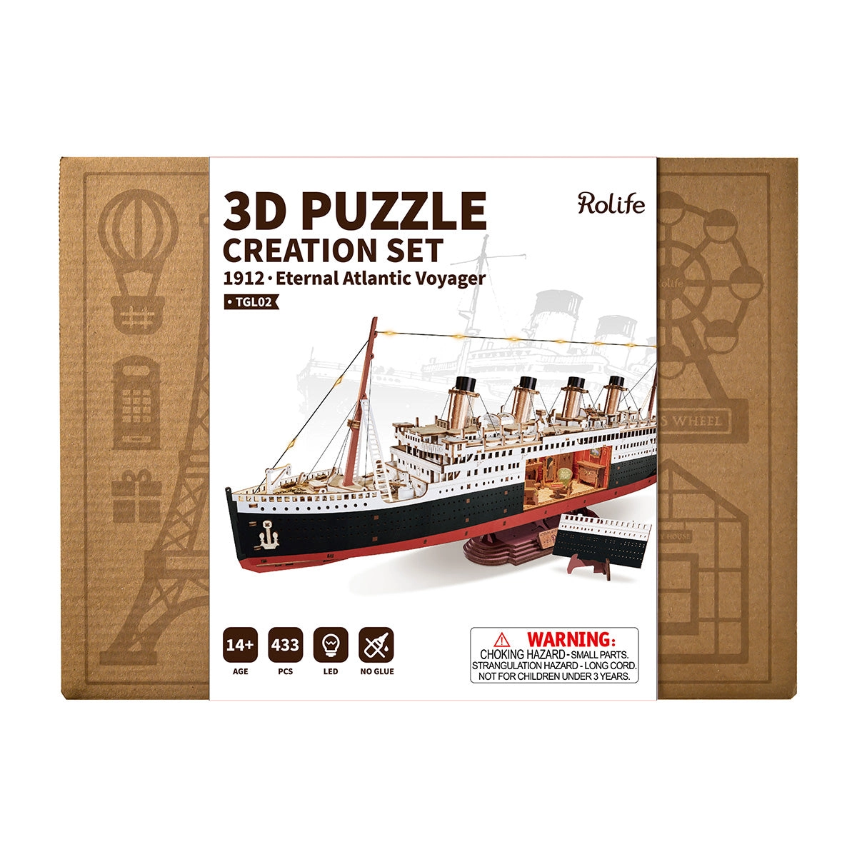 Drewniany puzzle 3D 1912 Eternal Atlantic Voyager Rolife TGL02 – pudełko zestawu 3D Puzzle Creation Set TGL02 z grafiką statku, informacją 14+, 433 pcs, LED, No Glue
