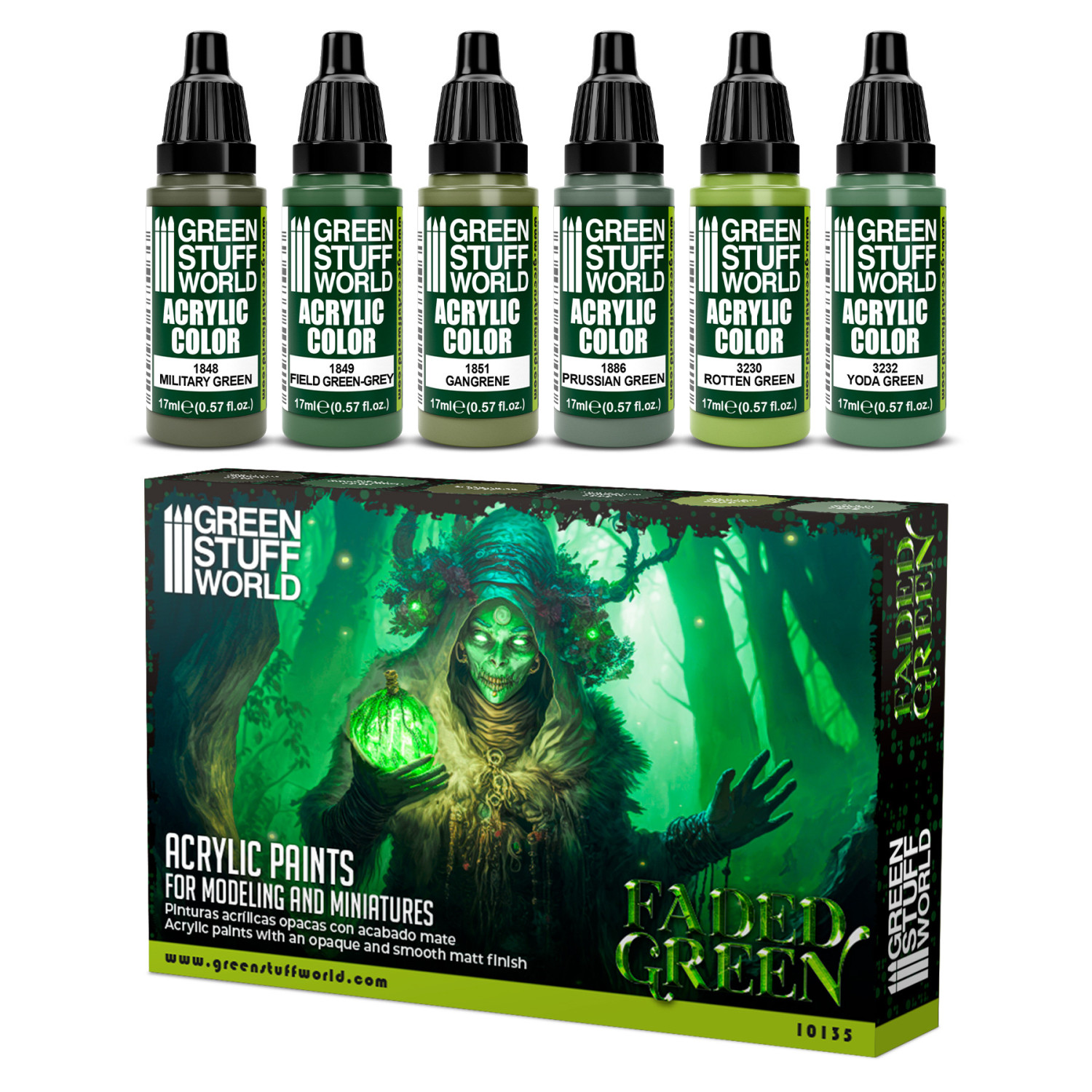 Zestaw farb Green Stuff World Paint Set Faded Green 10135 - 6 farb akrylowych Maxx Formula Military Green Field Green-Grey Gangrene Prussian Green Rotten Green Yoda Green + pudełko - Green Stuff World

