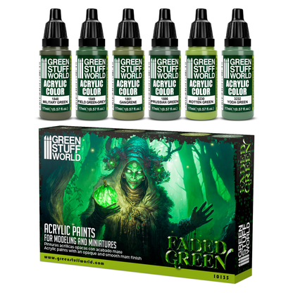 Zestaw farb Green Stuff World Paint Set Faded Green 10135 - 6 farb akrylowych Maxx Formula Military Green Field Green-Grey Gangrene Prussian Green Rotten Green Yoda Green + pudełko - Green Stuff World
