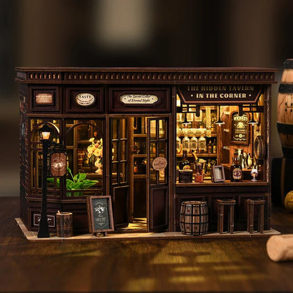 Narożna Tawerna AW03-001 - widok frontalny Corner Tavern szyld Tasty latarnia beczka stołki barowe ciepłe LED - Värvikas
