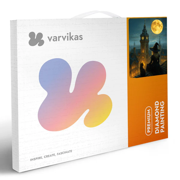 Mozaika diamentowa 5D Zaklęcie Księżycowe Värvikas LG401e – białe pudełko premium z logo Värvikas i grafiką czarownicy z kotem pod pełnią księżyca
