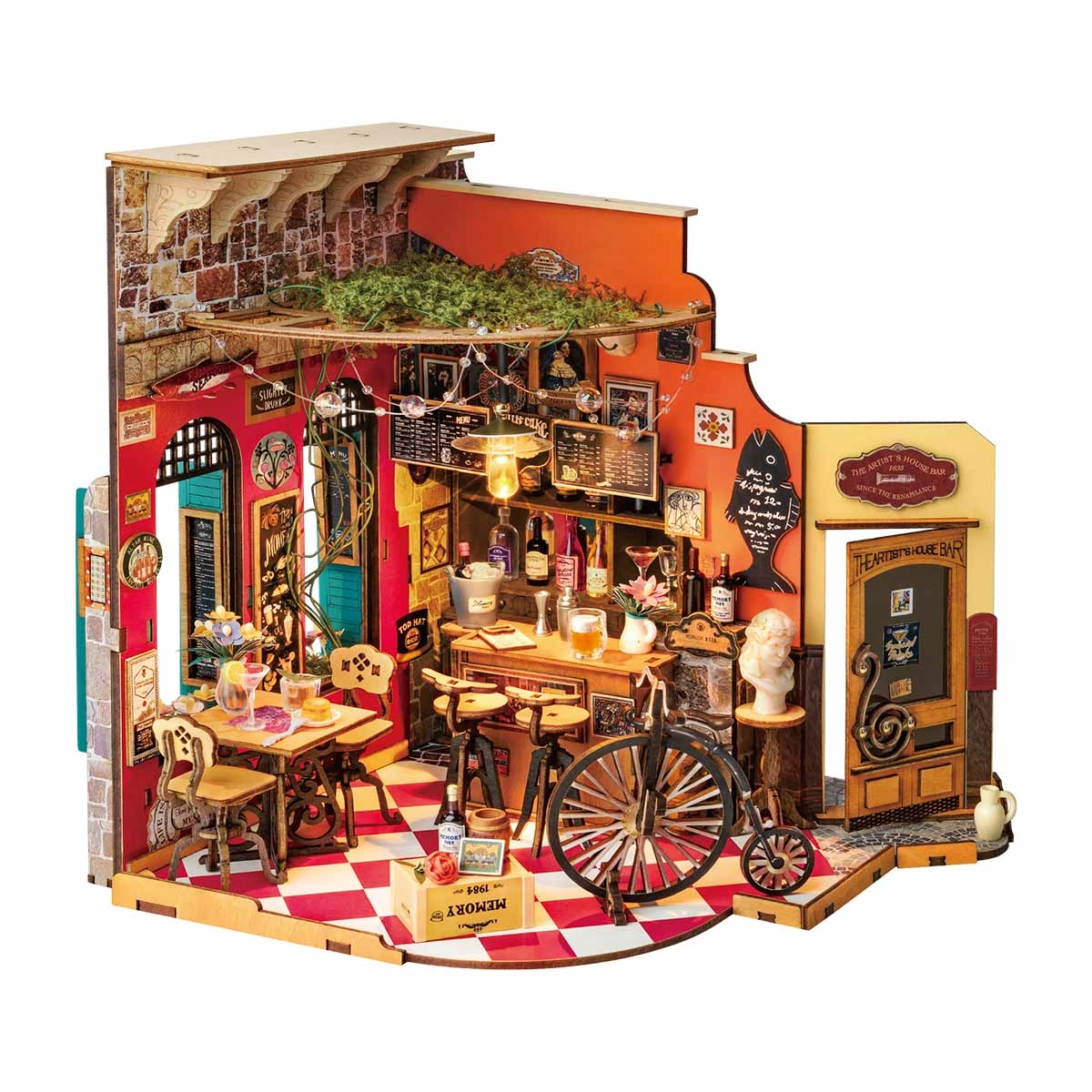 Bar i Restauracja Cheers DG173e - widok ogólny ukończonego miniaturowego domku DIY z oświetleniem LED, Värvikas
