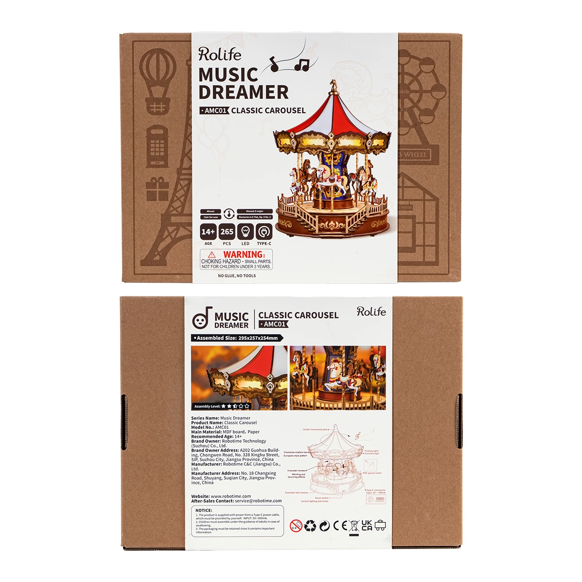 Drewniany puzzle 3D Klasyczna Karuzela Rolife AMC01e – pudełko zestawu Music Dreamer AMC01 z przodu i tyłu z danymi technicznymi i ostrzeżeniami
