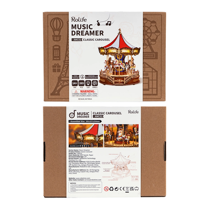 Drewniany puzzle 3D Klasyczna Karuzela Rolife AMC01e – pudełko zestawu Music Dreamer AMC01 z przodu i tyłu z danymi technicznymi i ostrzeżeniami

