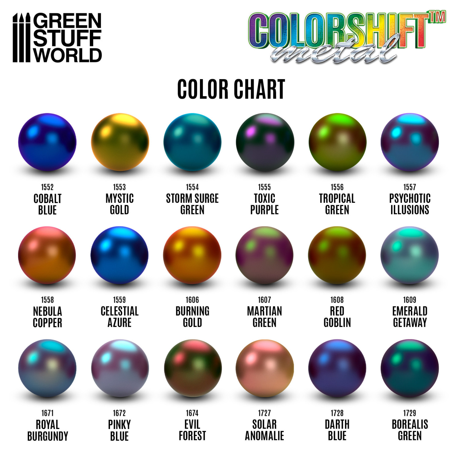 Green Stuff World Colorshift Metal Color Chart - pełna paleta kolorów Chameleon Metal z Emerald Getaway 1609 wśród 18 kolorów kameleon - Green Stuff World

