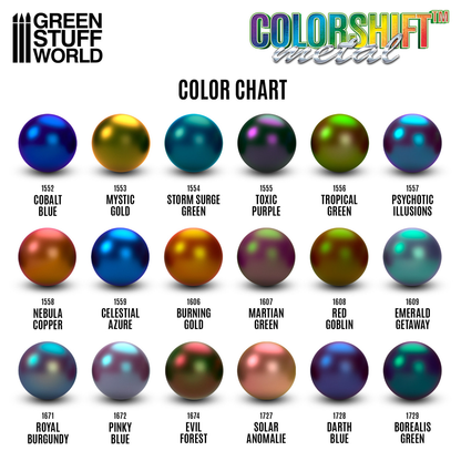 Green Stuff World Colorshift Metal Color Chart - pełna paleta kolorów Chameleon Metal z Emerald Getaway 1609 wśród 18 kolorów kameleon - Green Stuff World
