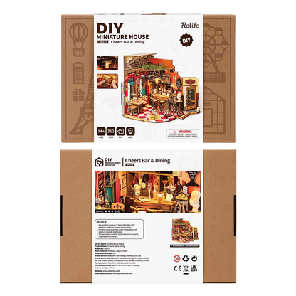 Pudełko zestawu Rolife DIY Miniature House DG173 Cheers Bar & Dining - Bar i Restauracja Cheers przód i tył specyfikacja - Värvikas
