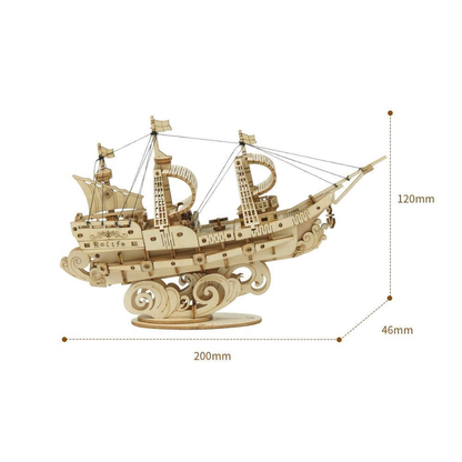 Drewniany puzzle 3D Żaglowiec Rolife RA005e – infografika z wymiarami: długość 200mm, szerokość 46mm, wysokość 120mm, naturalna sklejka lipowa
