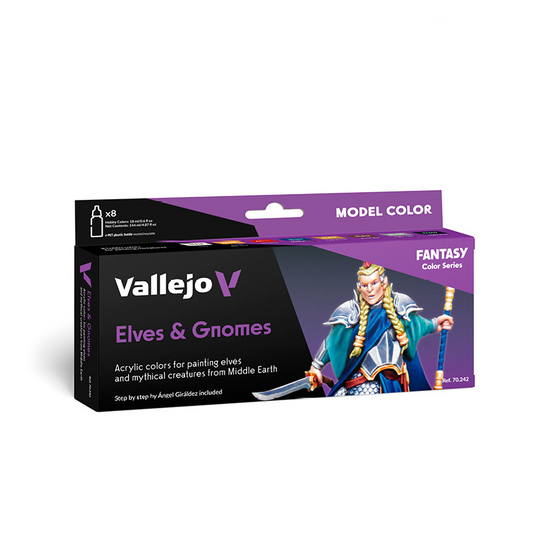 Vallejo Model Color Elves and Gnomes 70.242 - pudełko zestawu 8 farb akrylowych Fantasy Color Series do malowania elfów i mitycznych stworzen Middle-earth z instrukcją Ángela Giráldeza - Vallejo
