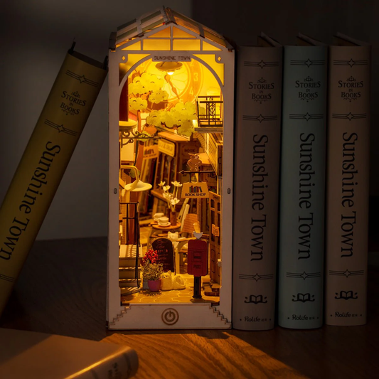 Słoneczne Miasto RDS007e - Book Nook DIY nocne oświetlenie LED między książkami Sunshine Town kawiarnia skrzynka pocztowa kot szyld Book Shop - Värvikas
