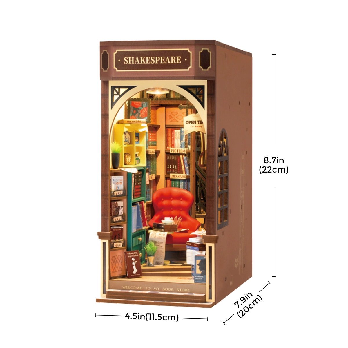 Księgarnia RDS008e - Book Nook DIY białe tło wymiary 11,5x20x22 cm szyld Shakespeare czerwony fotel - Värvikas
