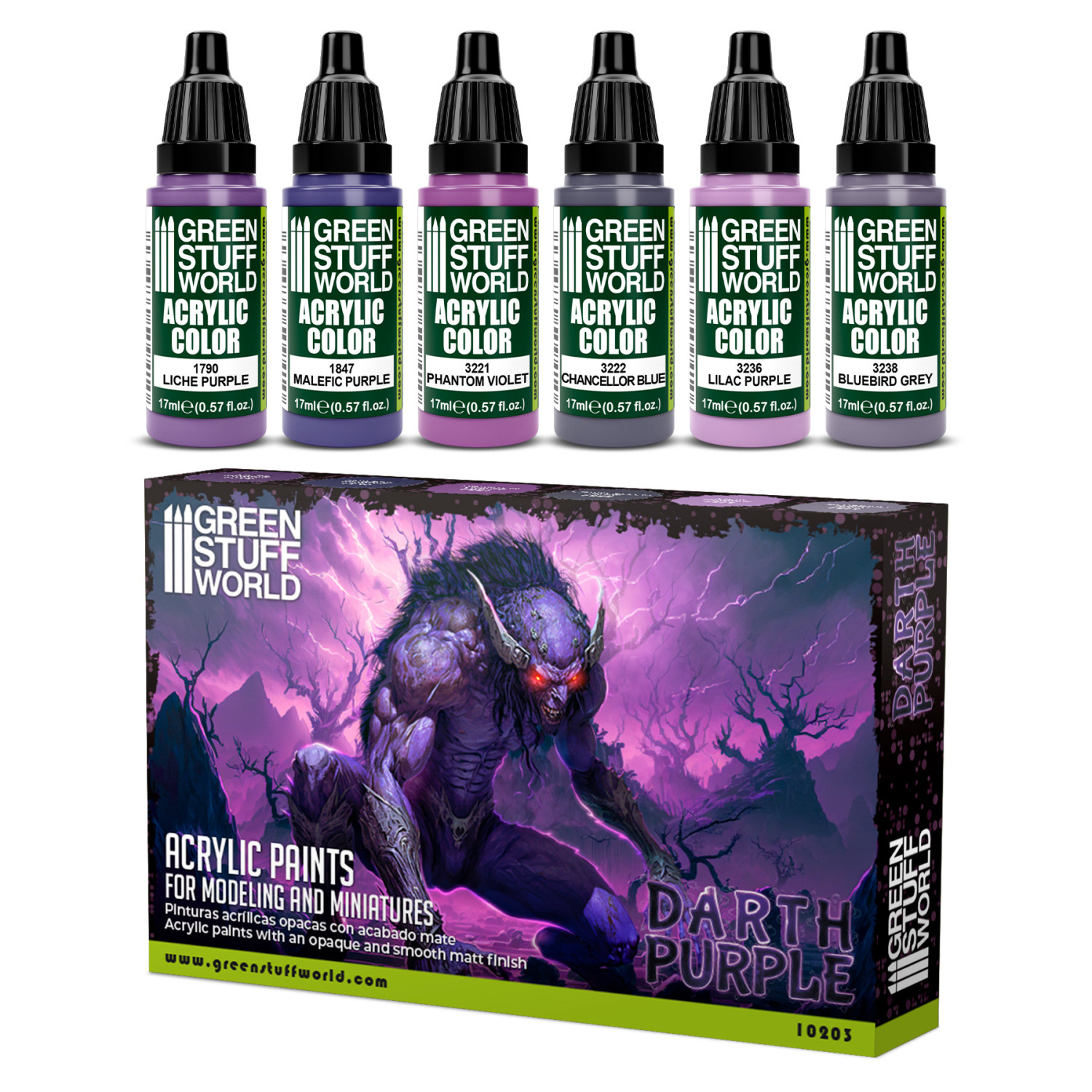 Zestaw farb Green Stuff World Paint Set Darth Purple 10203 - 6 farb akrylowych Maxx Formula Liche Purple Malefic Purple Phantom Violet Chancellor Blue Lilac Purple Bluebird Grey + pudełko - Green Stuff World
