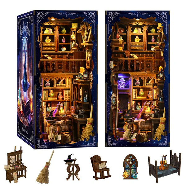 Dom Eliksirów Magii BV02-011 - dwa widoki Book Nook półki eliksiry skrzypce miotła zegar kominek LED miniaturowe meble - Värvikas
