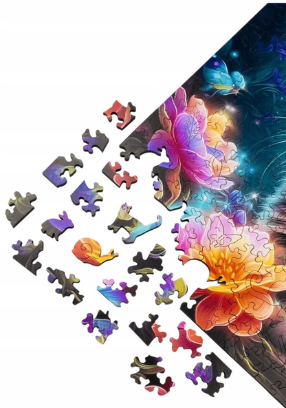 Drewniane puzzle Słodki Kot Värvikas PW030e – zbliżenie na rozsypane elementy puzzle z fragmentem układanego obrazu: kolorowe kwiaty i motyle w stylu Neural Network Paintings
