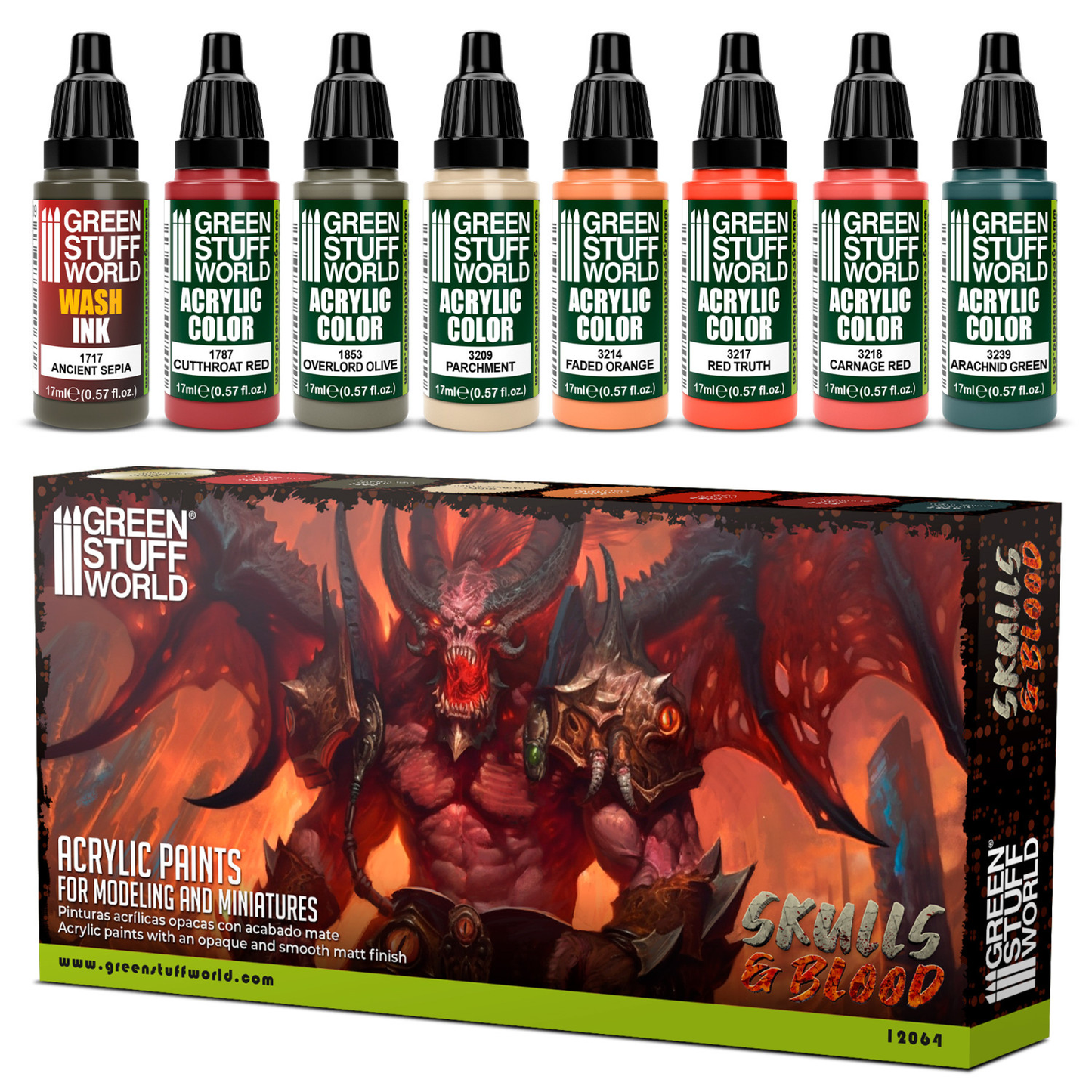 Zestaw farb Green Stuff World Paint Set Skulls and Blood 12064 - 8 farb akrylowych Maxx Formula Ancient Sepia Cutthroat Red Overlord Olive Parchment Faded Orange Red Truth Carnage Red Arachnid Green + pudełko - Green Stuff World
