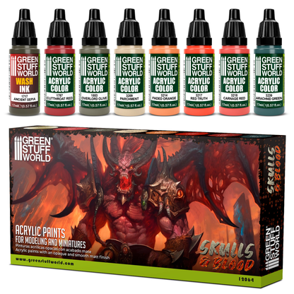 Zestaw farb Green Stuff World Paint Set Skulls and Blood 12064 - 8 farb akrylowych Maxx Formula Ancient Sepia Cutthroat Red Overlord Olive Parchment Faded Orange Red Truth Carnage Red Arachnid Green + pudełko - Green Stuff World
