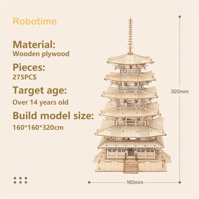 Drewniany puzzle 3D Pięciopiętrowa Pagoda Rolife RK013e – infografika z wymiarami: 160×160×320mm, materiał sklejka lipowa, 275 elementów, wiek 14+
