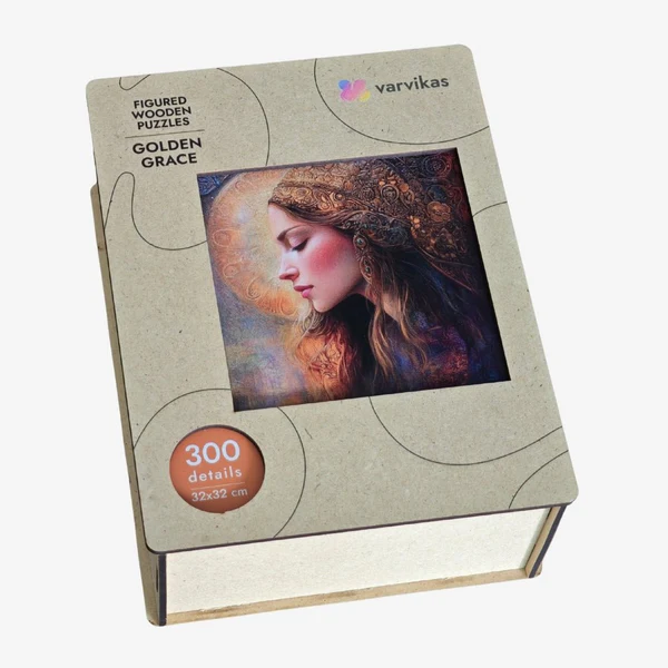 Drewniane puzzle Złota Gracja Värvikas PW051e – pudełko prezentowe Figured Wooden Puzzles Golden Grace Varvikas, 300 elementów, 32×32 cm, z okienkiem z portretem kobiety
