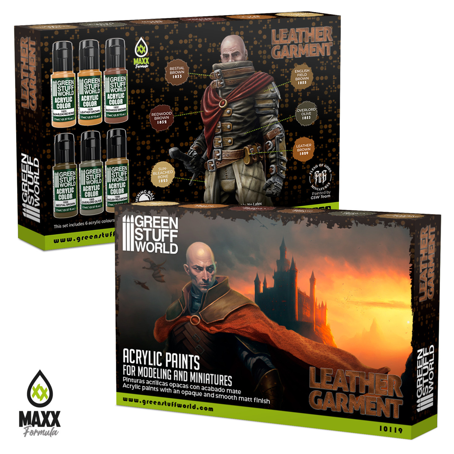Green Stuff World Paint Set Leather Garment 10119 pudełko przód i tył - zestaw 6 farb akrylowych Maxx Formula do malowania skóry i elementów skórzanych figurek fantasy - Green Stuff World

