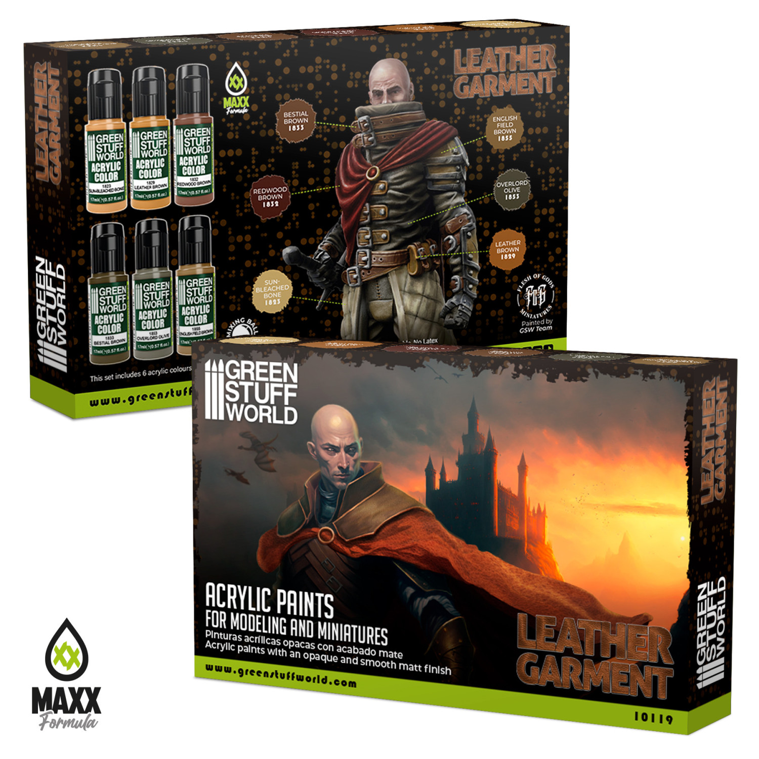 Green Stuff World Paint Set Leather Garment 10119 pudełko przód i tył - zestaw 6 farb akrylowych Maxx Formula do malowania skóry i elementów skórzanych figurek fantasy - Green Stuff World
