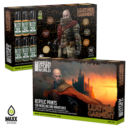 Green Stuff World Paint Set Leather Garment 10119 pudełko przód i tył - zestaw 6 farb akrylowych Maxx Formula do malowania skóry i elementów skórzanych figurek fantasy - Green Stuff World
