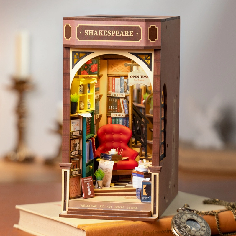 Księgarnia RDS008e - Book Nook DIY ukończony model szyld Shakespeare czerwony fotel półki z książkami ciepłe LED świecznik zegarek kieszonkowy - Värvikas
