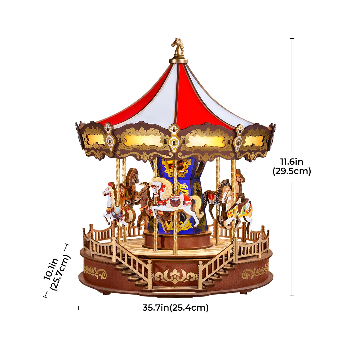 Drewniany puzzle 3D Klasyczna Karuzela Rolife AMC01e – ukończony model na białym tle z wymiarami: szerokość 25,4 cm, głębokość 25,7 cm, wysokość 29,5 cm
