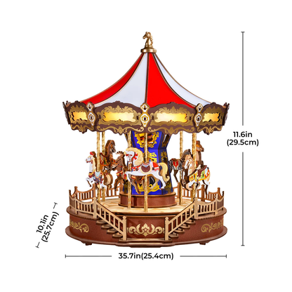 Drewniany puzzle 3D Klasyczna Karuzela Rolife AMC01e – ukończony model na białym tle z wymiarami: szerokość 25,4 cm, głębokość 25,7 cm, wysokość 29,5 cm

