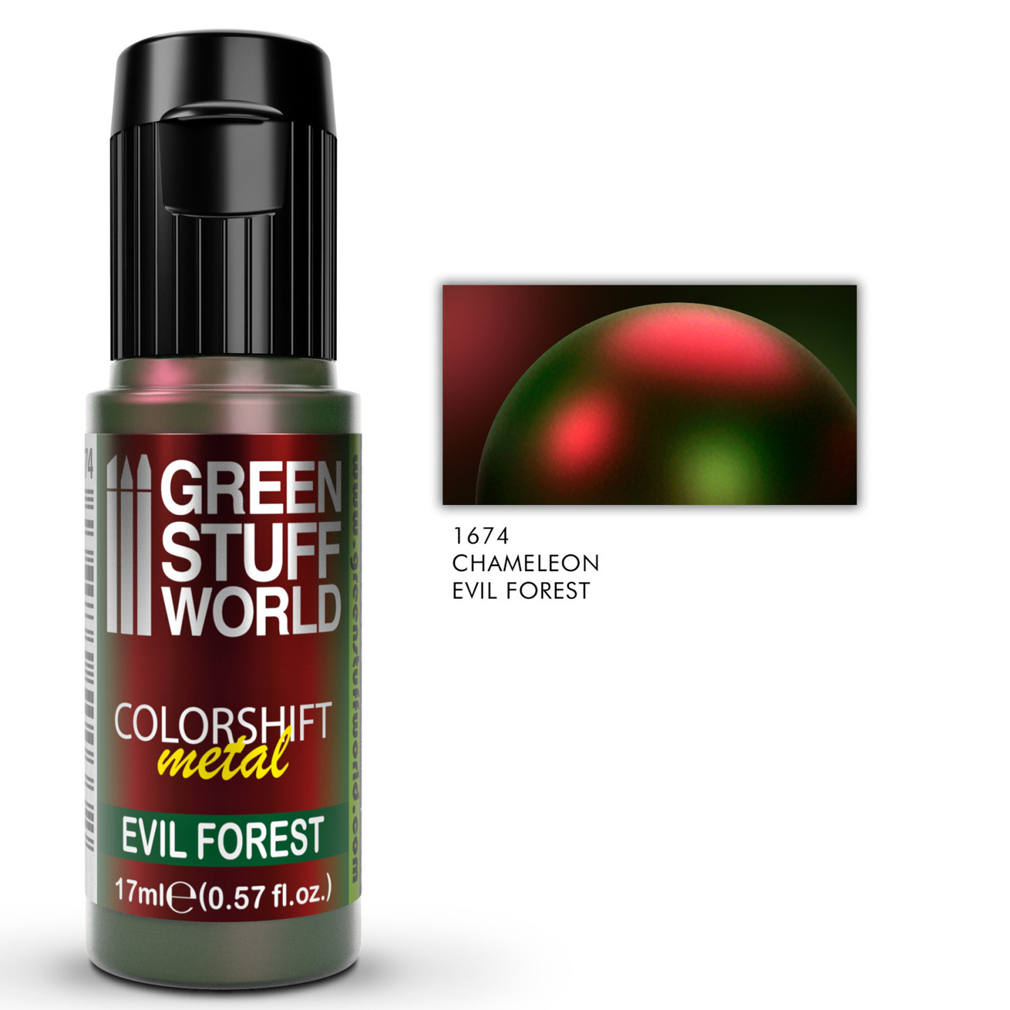 Green Stuff World Colorshift Metal Evil Forest 1674 17ml z numerem referencyjnym i próbką efektu kameleon - zielono-czerwona farba metaliczna do figurek tabletop - Green Stuff World
