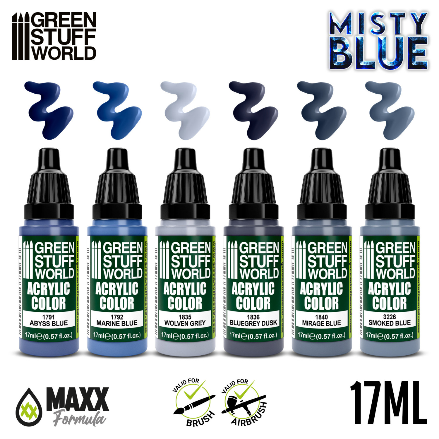 Green Stuff World Paint Set Misty Blue 10201 - 6 farb akrylowych Maxx Formula z próbkami kolorów Abyss Blue Marine Blue Wolven Grey Bluegrey Dusk Mirage Blue Smoked Blue - Green Stuff World
