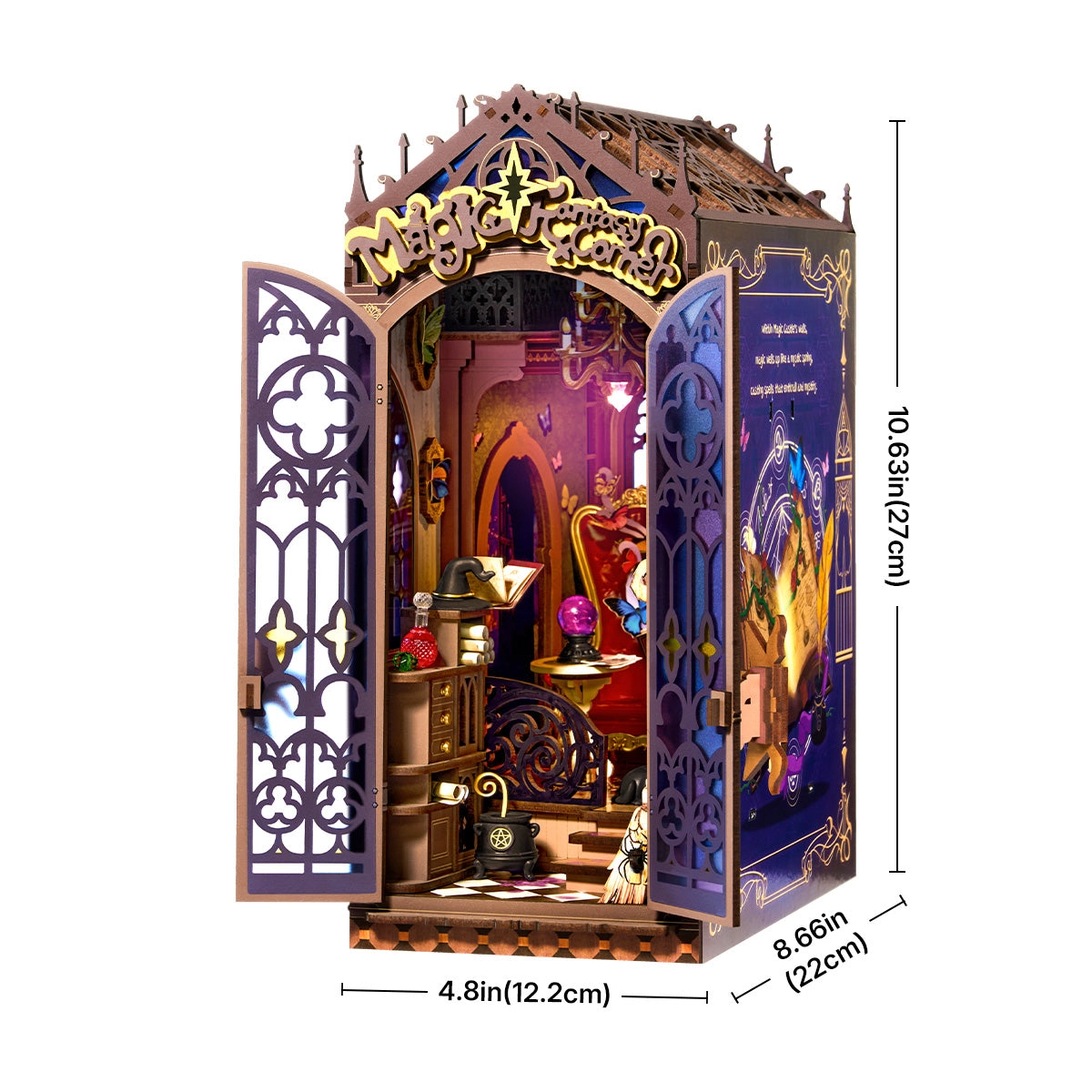 Magiczny Zakątek Fantasy TGB14e - Book Nook DIY białe tło wymiary 12,2x22x27 cm otwarte drzwi gotycka brama kryształowa kula - Värvikas
