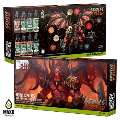 Green Stuff World Paint Set Skulls and Blood 12064 pudełko przód i tył - zestaw 8 farb akrylowych Maxx Formula do malowania demonów postaci chaosu i mrocznych figurek fantasy - Green Stuff World
