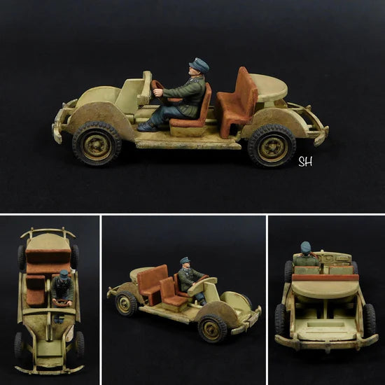 Volkswagen Type 1 Käfer bez nadwozia – model 28mm SH z figurką kierowcy Heer, widoki z 4 stron, 280081