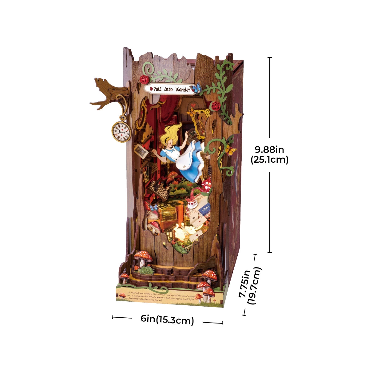 Oczaruj się TGB12e - Book Nook DIY białe tło wymiary 15,3x19,7x25,1 cm Fall Into Wonder szyld zegar kieszonkowy - Värvikas
