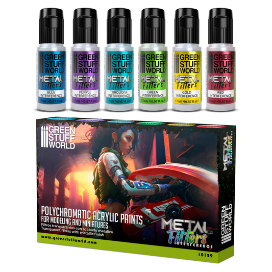 Zestaw Green Stuff World Set Metal Filters Interference 10129 - 6 filtrów metalicznych Blue Purple Turquoise Green Gold Red Interference + pudełko - polichromiczne farby akrylowe do figurek - Green Stuff World
