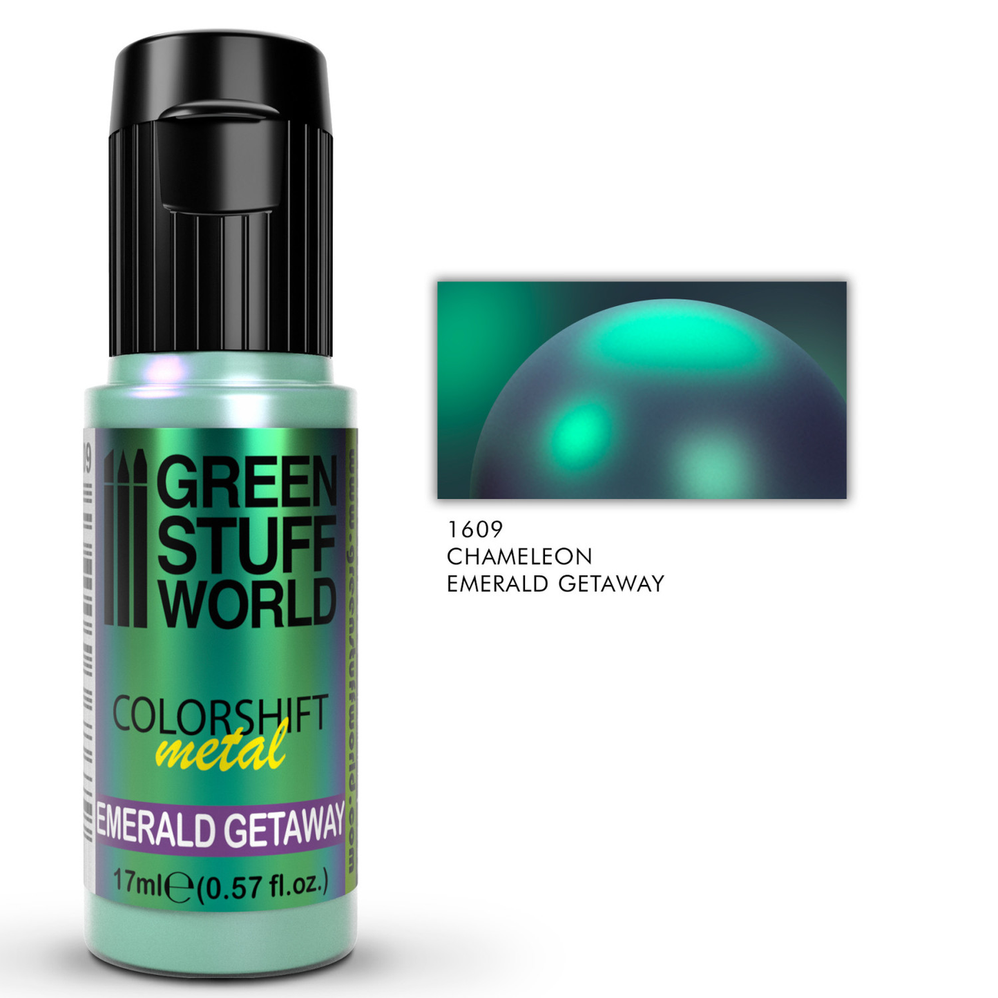Green Stuff World Colorshift Metal Emerald Getaway 1609 17ml z próbką efektu kameleon - szmaragdowa farba metaliczna do figurek tabletop - Green Stuff World
