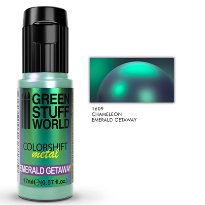 Green Stuff World Colorshift Metal Emerald Getaway 1609 17ml z próbką efektu kameleon - szmaragdowa farba metaliczna do figurek tabletop - Green Stuff World
