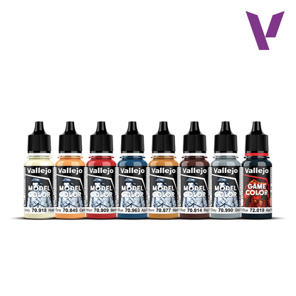 Vallejo Model Color Elves and Gnomes 70.242 - 8 butelek farb akrylowych 18ml Ivory Sunny Skin Tone Vermilion Medium Blue Gold Brown Burnt Red Light Grey Night Blue do malowania elfów - Vallejo
