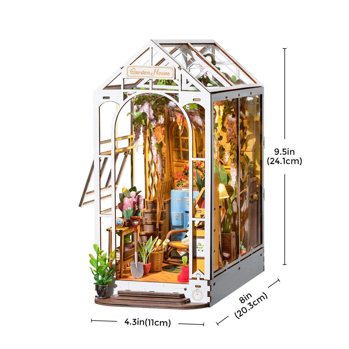 Dom Ogrodowy RDS010e - Book Nook DIY białe tło wymiary 11x20,3x24,1 cm Garden House glicynia wiklinowy fotel - Värvikas
