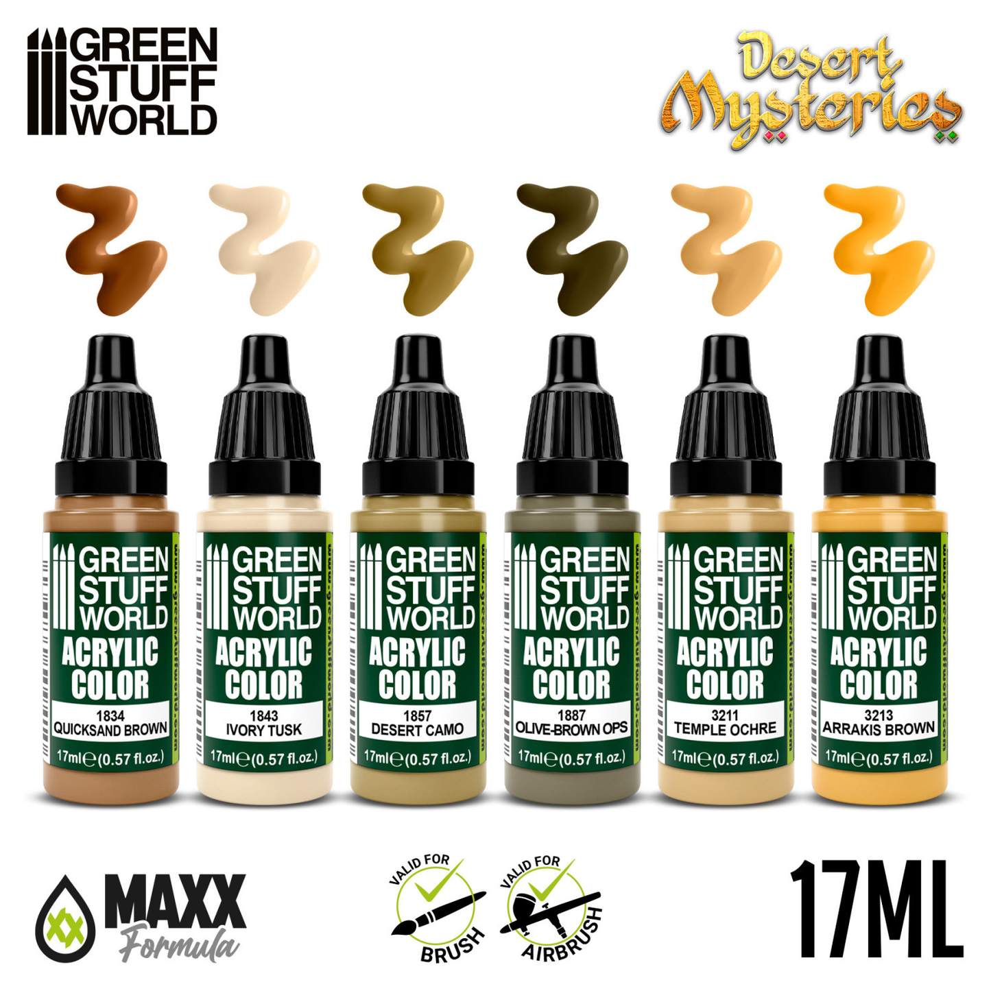 Green Stuff World Paint Set Desert Mysteries - 6 farb akrylowych z próbkami kolorów Quicksand Brown Ivory Tusk Desert Camo Olive Brown OPS Temple Ochre Arrakis Brown - Green Stuff World

