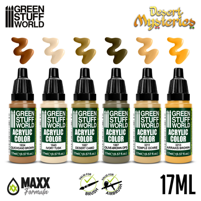 Green Stuff World Paint Set Desert Mysteries - 6 farb akrylowych z próbkami kolorów Quicksand Brown Ivory Tusk Desert Camo Olive Brown OPS Temple Ochre Arrakis Brown - Green Stuff World
