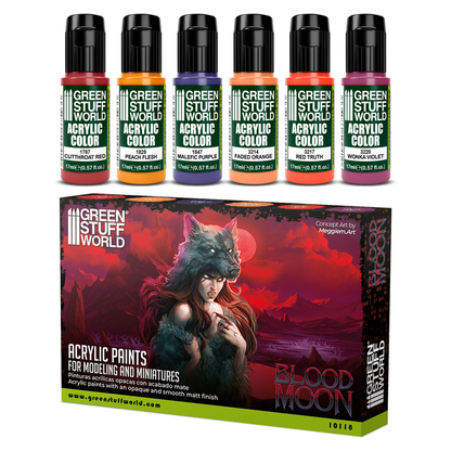 Zestaw farb Green Stuff World Paint Set Blood Moon 10118 - 6 farb akrylowych Maxx Formula do malowania wampirów i mrocznych postaci fantasy w odcieniach czerwieni i fioletu - Green Stuff World
