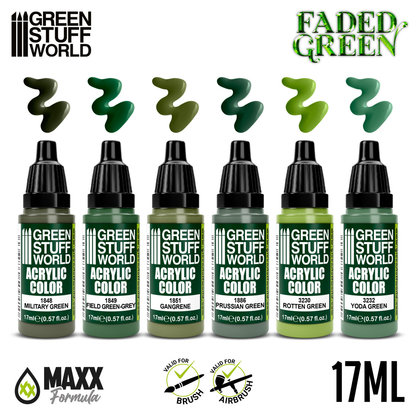 Green Stuff World Paint Set Faded Green 10135 - paleta 6 kolorów akrylowych Maxx Formula 17ml z próbkami Military Green Field Green-Grey Gangrene Prussian Green Rotten Green Yoda Green - Green Stuff World
