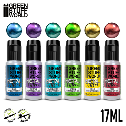 Green Stuff World Metal Filters Interference 10129 - 6 butelek 17ml z próbkami efektu metalicznego Blue Purple Turquoise Green Gold Red Interference - do pędzla i aerografu - Green Stuff World
