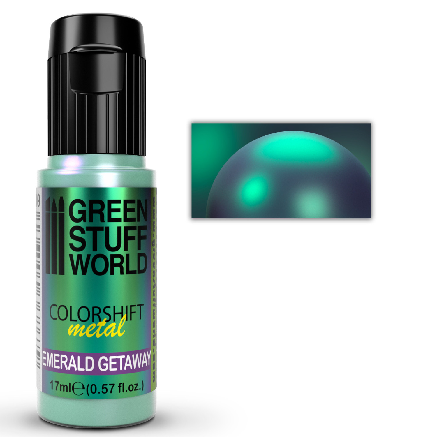 Green Stuff World Colorshift Metal Emerald Getaway 1609 17ml - butelka farby kameleon z próbką efektu szmaragdowego metalicznego na figurce - Green Stuff World
