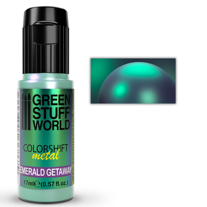 Green Stuff World Colorshift Metal Emerald Getaway 1609 17ml - butelka farby kameleon z próbką efektu szmaragdowego metalicznego na figurce - Green Stuff World
