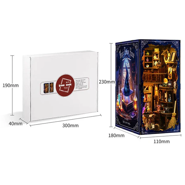 Dom Eliksirów Magii BV02-011 - wymiary pudełka 300x190x40mm i modelu 180x110x230mm białe tło - Värvikas
