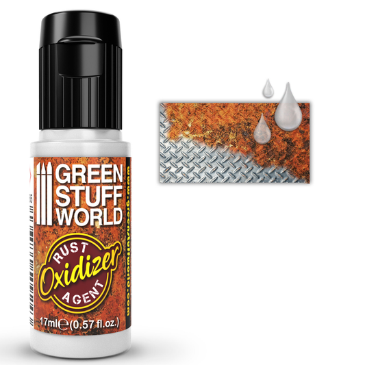 Green Stuff World Rust Oxidizer 2565 17ml - butelka płynu do rdzy z próbką efektu naturalnej rdzy na metalowej powierzchni - Green Stuff World
