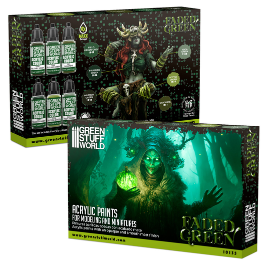 Green Stuff World Paint Set Faded Green 10135 pudełko przód i tył - zestaw 6 farb akrylowych Maxx Formula do malowania orków nieumarłych i mrocznych postaci fantasy - Green Stuff World
